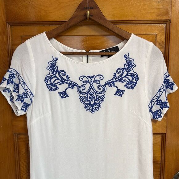 Lulus White Blue Embroidered Boho Mini Dress Women’s Small - Picture 2 of 8